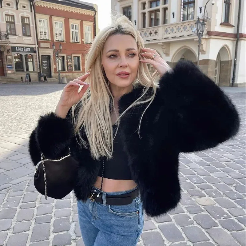 Lconic Street Fashion Luxury Brand Gardient Cropped cropped Faux Fur Coat Women Winter Hot Cool Girls Fluffy Short Fur Jacket