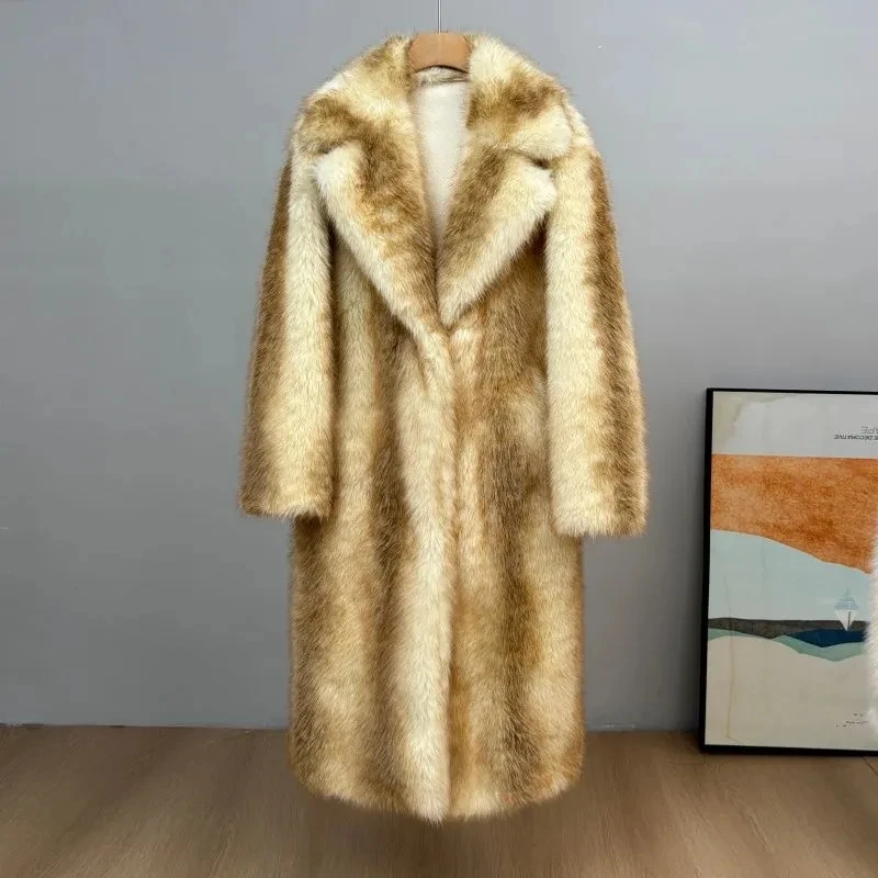 Winter Women High Quality Faux Fox Fur Coat Luxury Long Fur Coat Lapel OverCoat Thick Warm Female Plush Coats