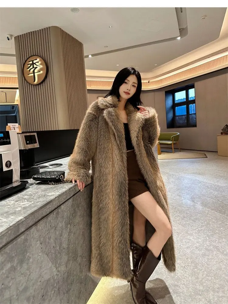 Winter Women High Quality Faux Fox Fur Coat Luxury Long Fur Coat Lapel OverCoat Thick Warm Female Plush Coats