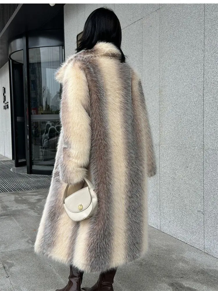 Winter Women High Quality Faux Fox Fur Coat Luxury Long Fur Coat Lapel OverCoat Thick Warm Female Plush Coats