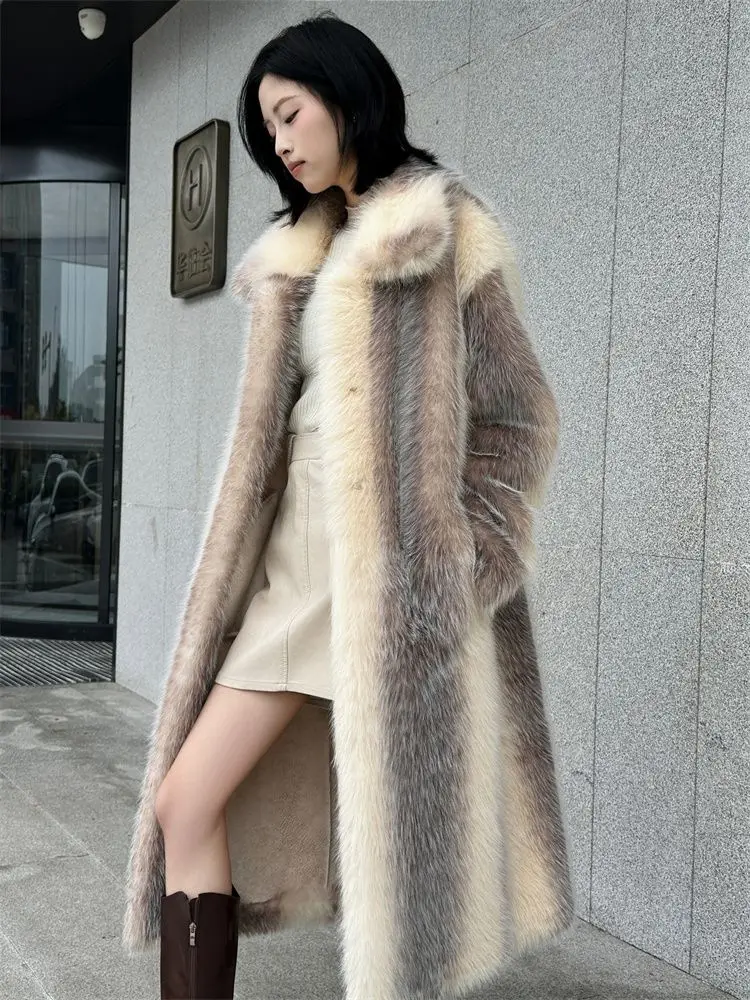 Winter Women High Quality Faux Fox Fur Coat Luxury Long Fur Coat Lapel OverCoat Thick Warm Female Plush Coats