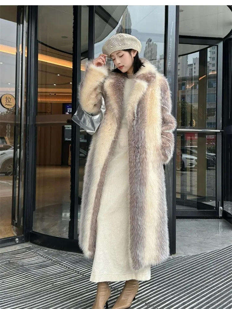 Winter Women High Quality Faux Fox Fur Coat Luxury Long Fur Coat Lapel OverCoat Thick Warm Female Plush Coats