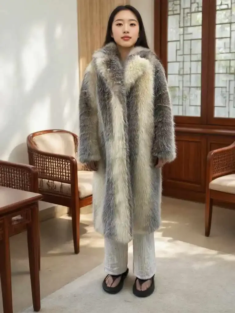 Winter Women High Quality Faux Fox Fur Coat Luxury Long Fur Coat Lapel OverCoat Thick Warm Female Plush Coats