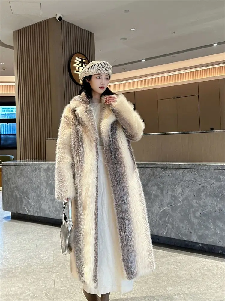 Winter Women High Quality Faux Fox Fur Coat Luxury Long Fur Coat Lapel OverCoat Thick Warm Female Plush Coats