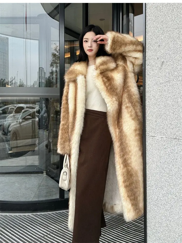 Winter Women High Quality Faux Fox Fur Coat Luxury Long Fur Coat Lapel OverCoat Thick Warm Female Plush Coats
