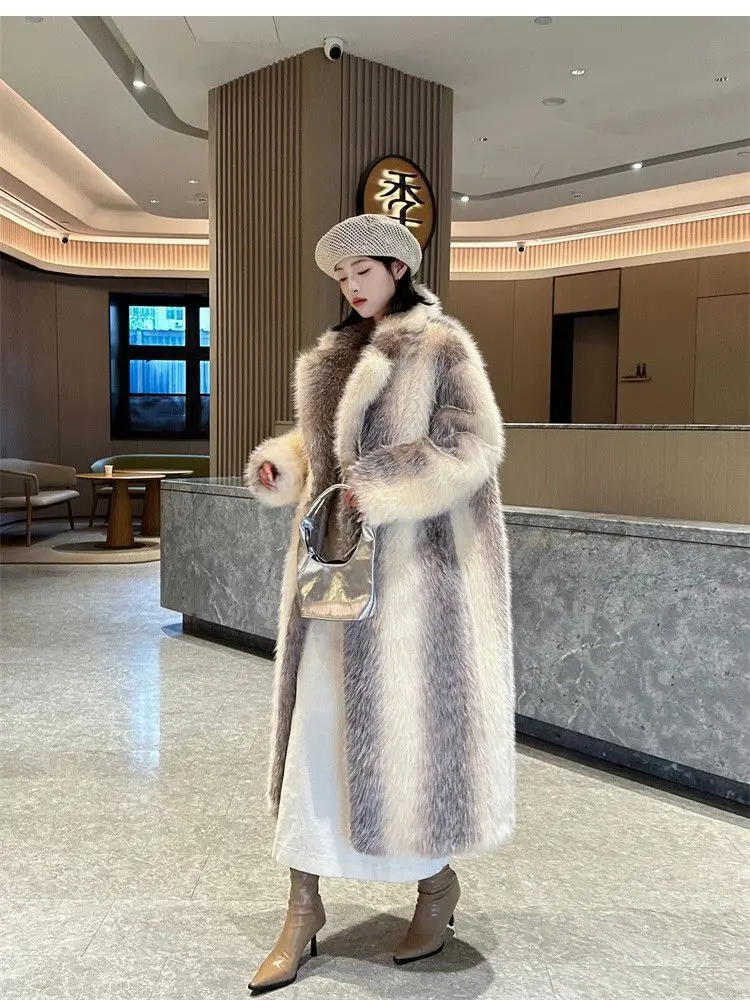 Winter Women High Quality Faux Fox Fur Coat Luxury Long Fur Coat Lapel OverCoat Thick Warm Female Plush Coats