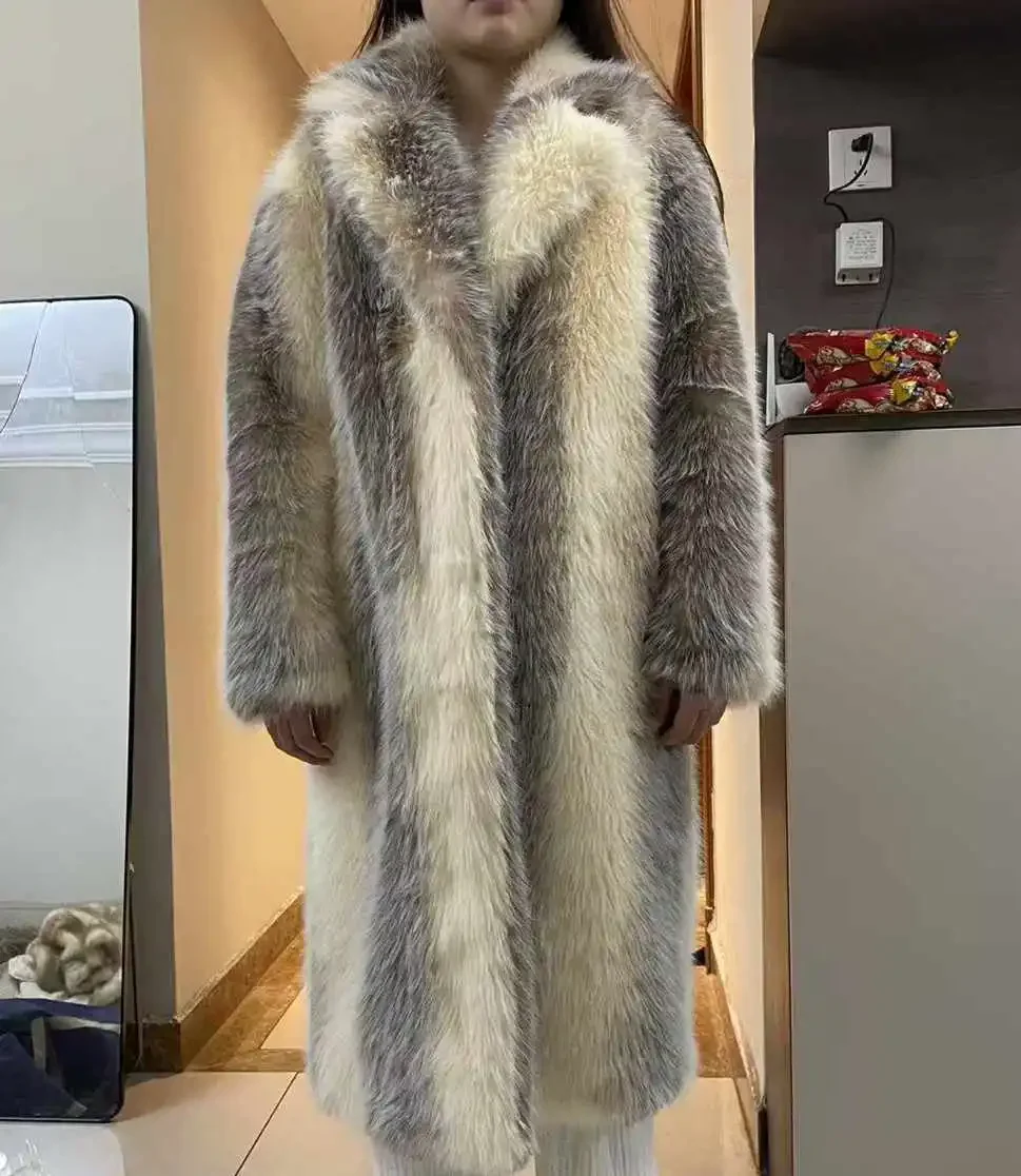 Winter Women High Quality Faux Fox Fur Coat Luxury Long Fur Coat Lapel OverCoat Thick Warm Female Plush Coats