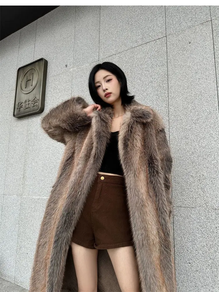Winter Women High Quality Faux Fox Fur Coat Luxury Long Fur Coat Lapel OverCoat Thick Warm Female Plush Coats