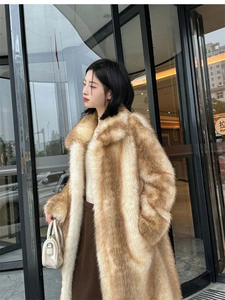 Winter Women High Quality Faux Fox Fur Coat Luxury Long Fur Coat Lapel OverCoat Thick Warm Female Plush Coats