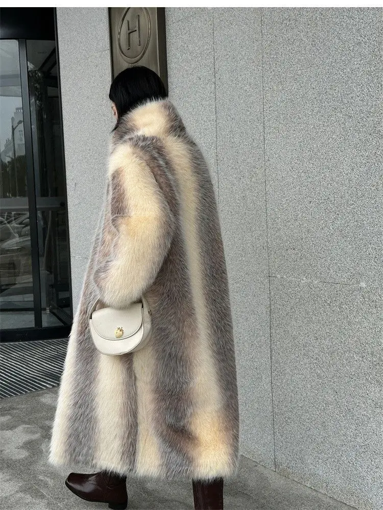 Winter Women High Quality Faux Fox Fur Coat Luxury Long Fur Coat Lapel OverCoat Thick Warm Female Plush Coats