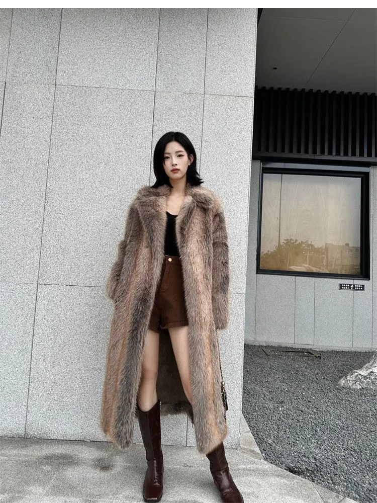Winter Women High Quality Faux Fox Fur Coat Luxury Long Fur Coat Lapel OverCoat Thick Warm Female Plush Coats