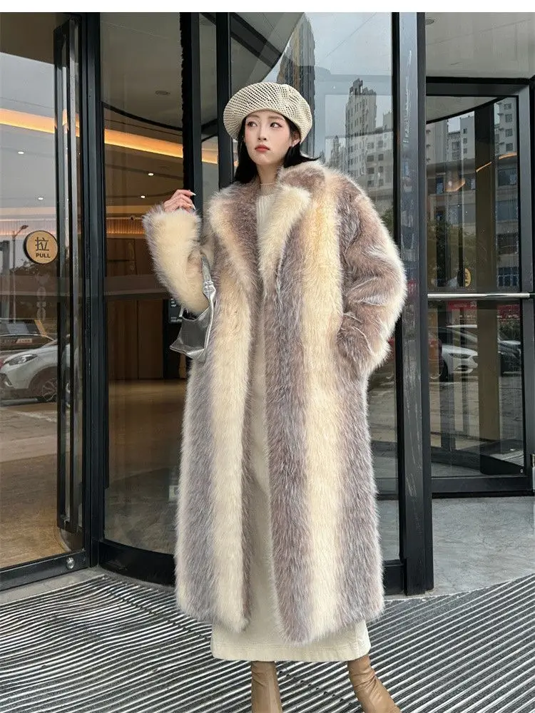 Winter Women High Quality Faux Fox Fur Coat Luxury Long Fur Coat Lapel OverCoat Thick Warm Female Plush Coats