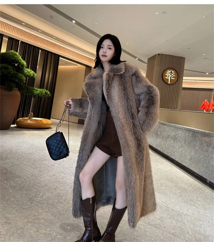 Winter Women High Quality Faux Fox Fur Coat Luxury Long Fur Coat Lapel OverCoat Thick Warm Female Plush Coats