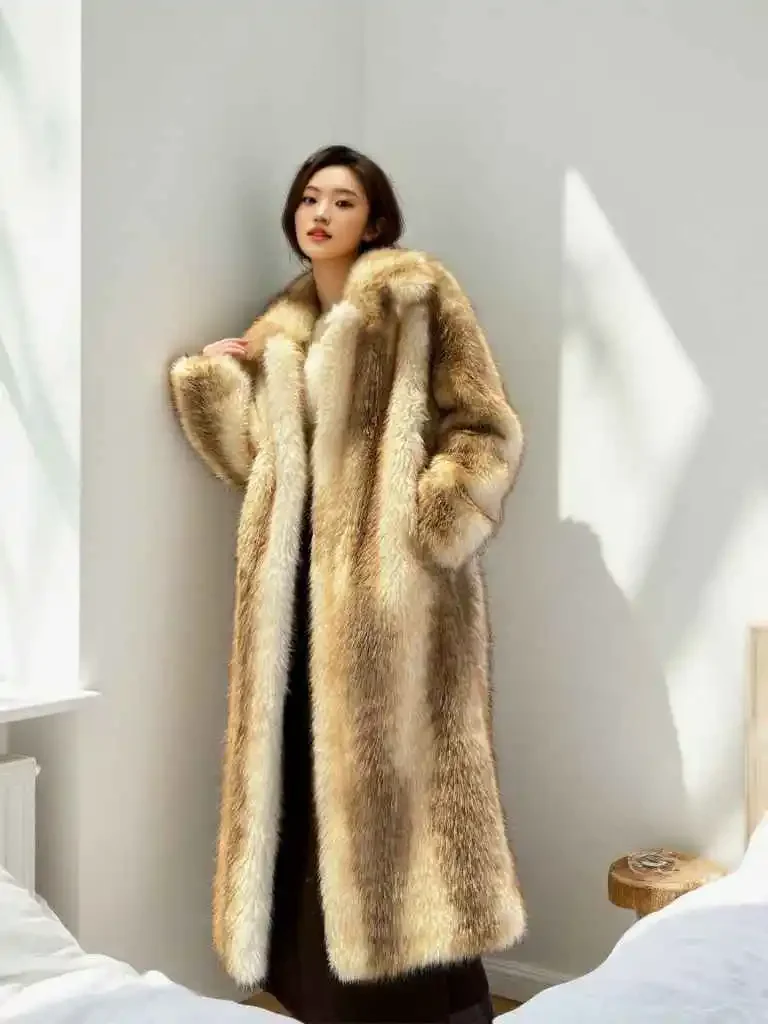 Winter Women High Quality Faux Fox Fur Coat Luxury Long Fur Coat Lapel OverCoat Thick Warm Female Plush Coats