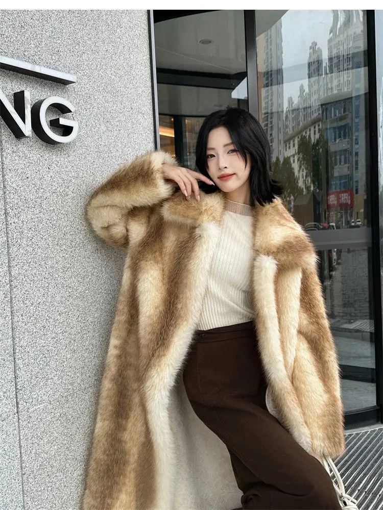 Winter Women High Quality Faux Fox Fur Coat Luxury Long Fur Coat Lapel OverCoat Thick Warm Female Plush Coats