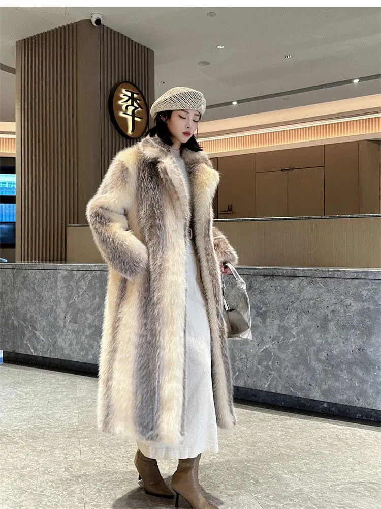 Winter Women High Quality Faux Fox Fur Coat Luxury Long Fur Coat Lapel OverCoat Thick Warm Female Plush Coats