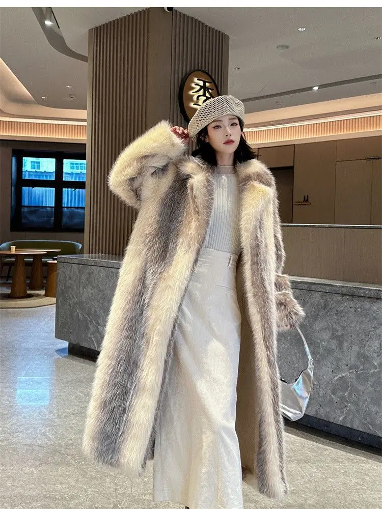 Winter Women High Quality Faux Fox Fur Coat Luxury Long Fur Coat Lapel OverCoat Thick Warm Female Plush Coats