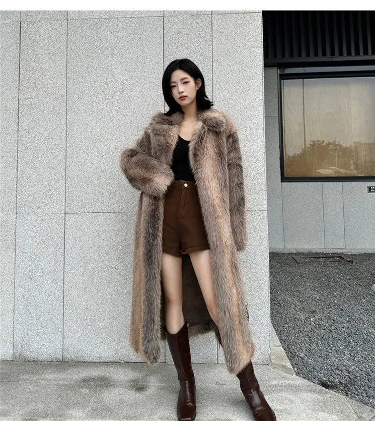 Winter Women High Quality Faux Fox Fur Coat Luxury Long Fur Coat Lapel OverCoat Thick Warm Female Plush Coats