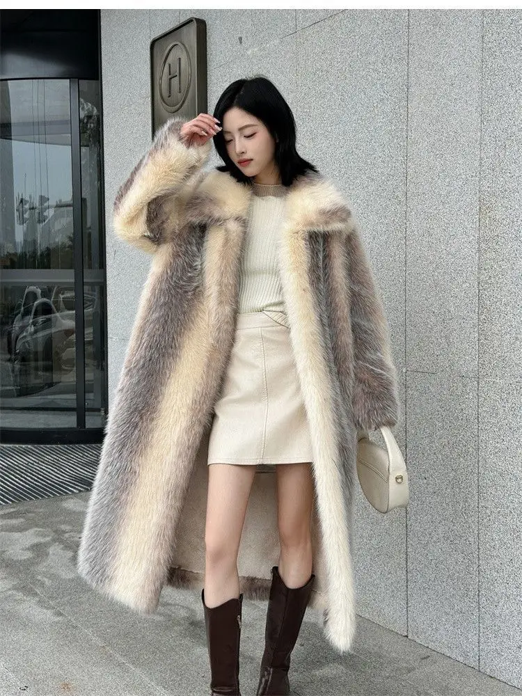 Winter Women High Quality Faux Fox Fur Coat Luxury Long Fur Coat Lapel OverCoat Thick Warm Female Plush Coats