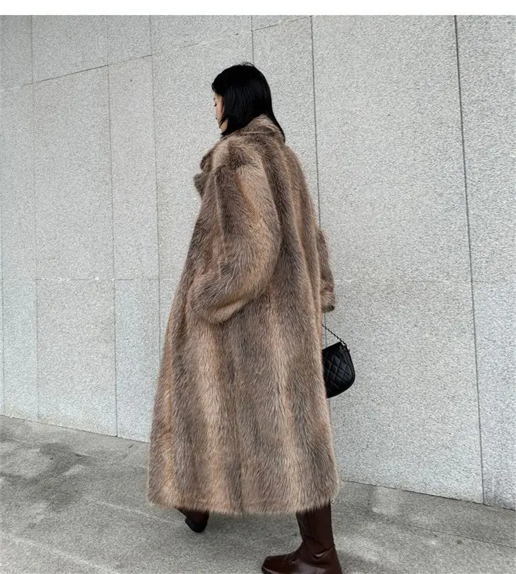 Winter Women High Quality Faux Fox Fur Coat Luxury Long Fur Coat Lapel OverCoat Thick Warm Female Plush Coats