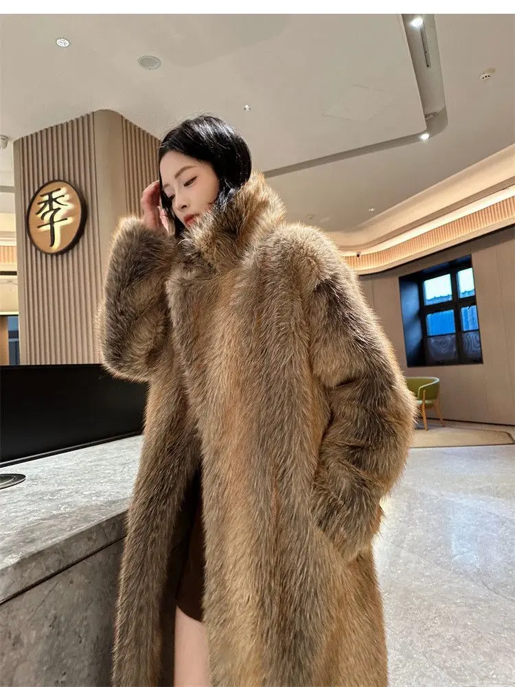 Winter Women High Quality Faux Fox Fur Coat Luxury Long Fur Coat Lapel OverCoat Thick Warm Female Plush Coats