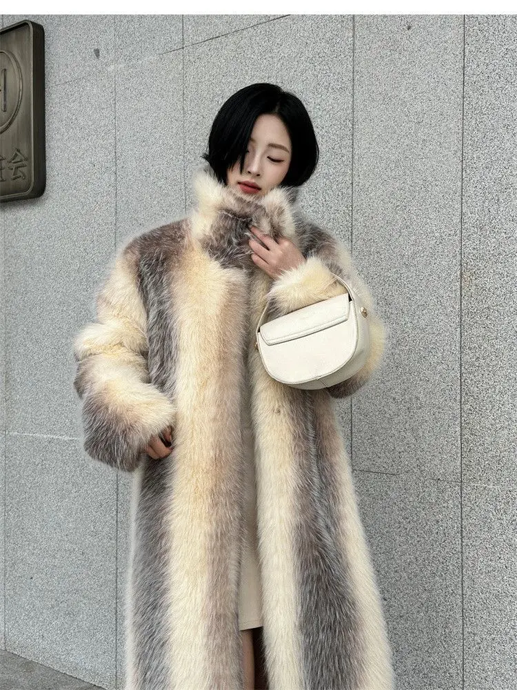 Winter Women High Quality Faux Fox Fur Coat Luxury Long Fur Coat Lapel OverCoat Thick Warm Female Plush Coats