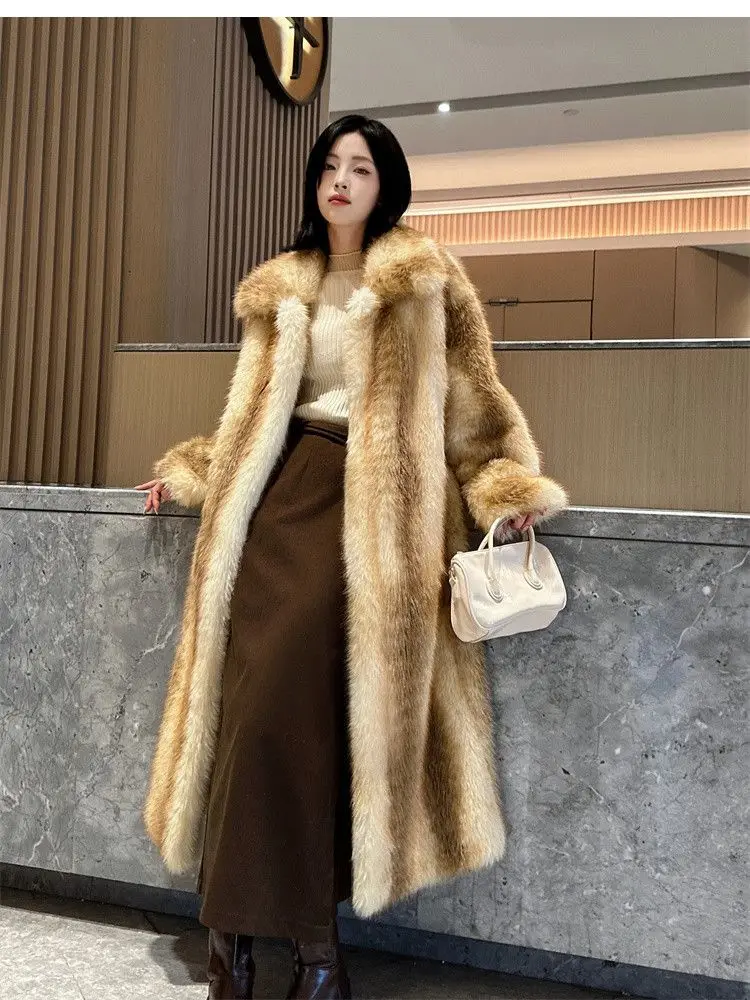 Winter Women High Quality Faux Fox Fur Coat Luxury Long Fur Coat Lapel OverCoat Thick Warm Female Plush Coats