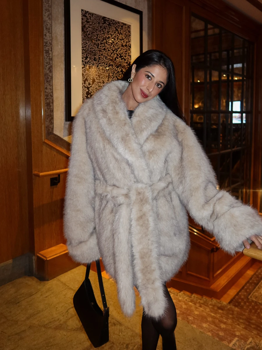Gray Gradient Belt Oversized Tie Waist Faux Fur Maxi Women Coat for Chilly Winter Morning Old Money Clean Fit Cozy Outwear