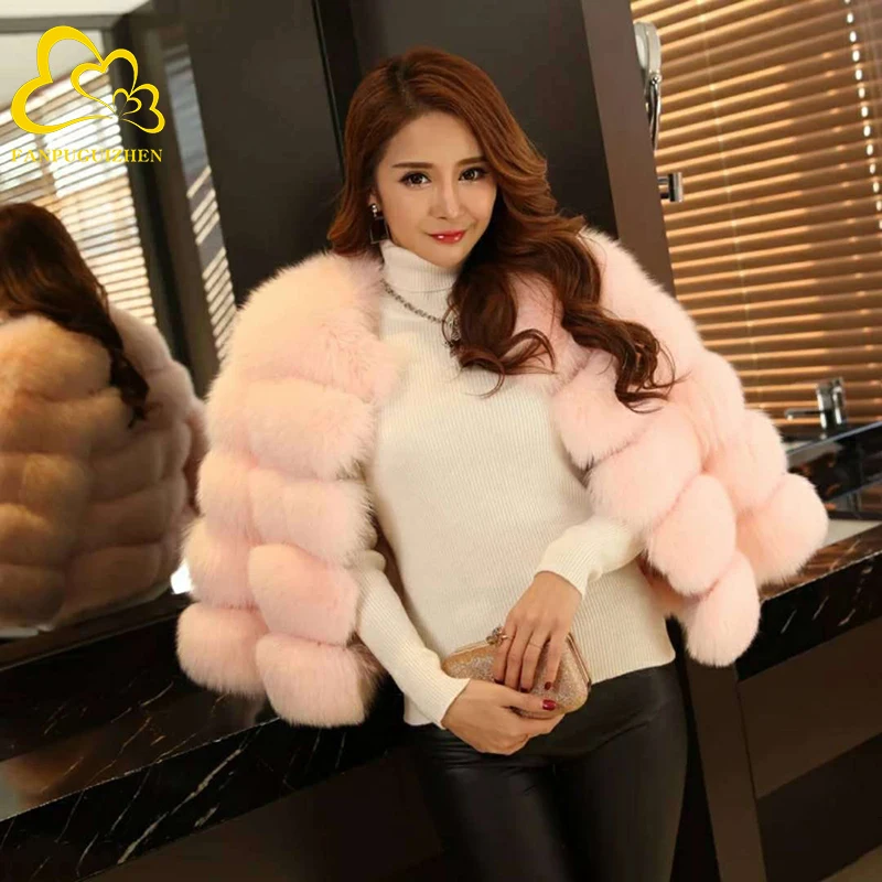 FANPUGUIZHEN Women Coats Autumn Winter New Fashion Pink Faux Fur Coat Elegant Thick Warm Outerwear Fake Fur Woman Jackets