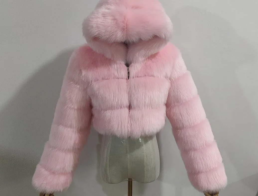 Women's Faux Fur Jacket Short with Hat, Faux Fox Fur Long Sleeved Patchwork Autumn and Winter New Style