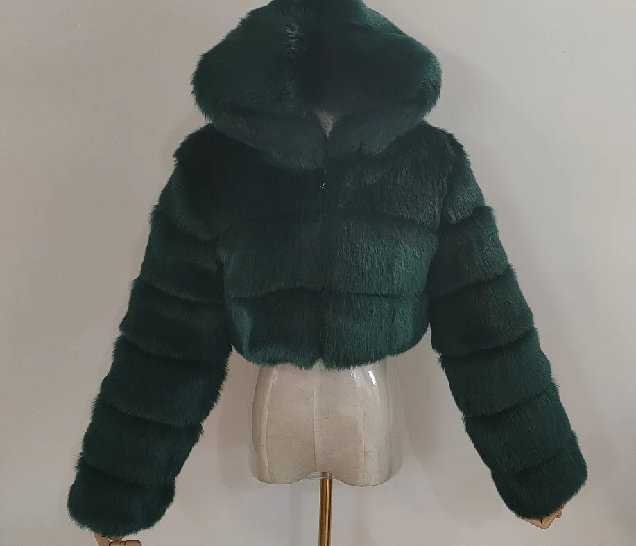 Women's Faux Fur Jacket Short with Hat, Faux Fox Fur Long Sleeved Patchwork Autumn and Winter New Style