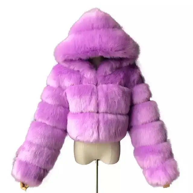 Women's Faux Fur Jacket Short with Hat, Faux Fox Fur Long Sleeved Patchwork Autumn and Winter New Style