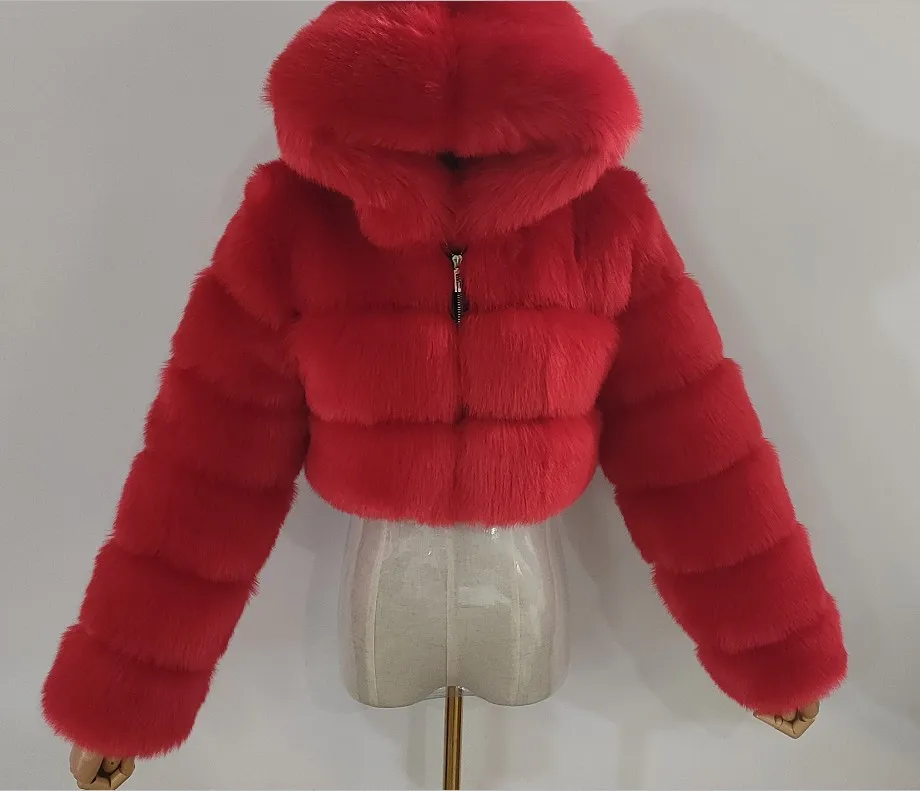 Women's Faux Fur Jacket Short with Hat, Faux Fox Fur Long Sleeved Patchwork Autumn and Winter New Style