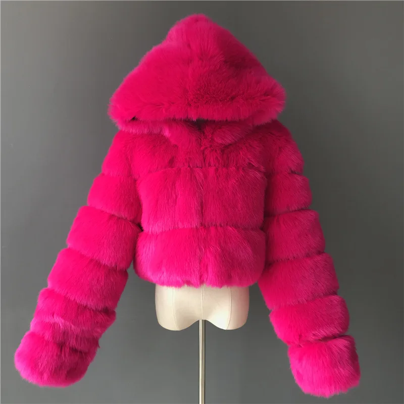 Women's Faux Fur Jacket Short with Hat, Faux Fox Fur Long Sleeved Patchwork Autumn and Winter New Style