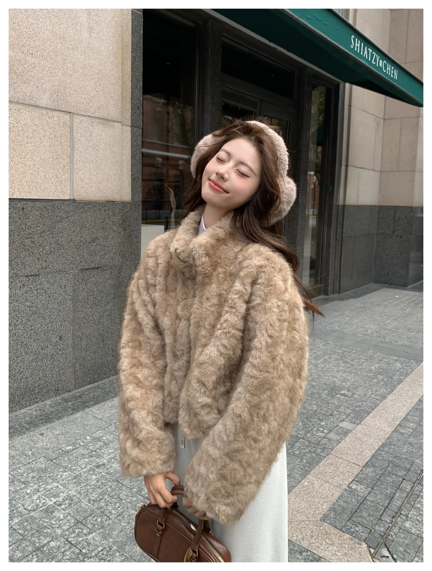 Elegant Maillard Zipper Faux Fur Jacket Women Autumn Winter Stand Collar Cropped Plush Outerwear Woman Korean Loose Warm Jacket