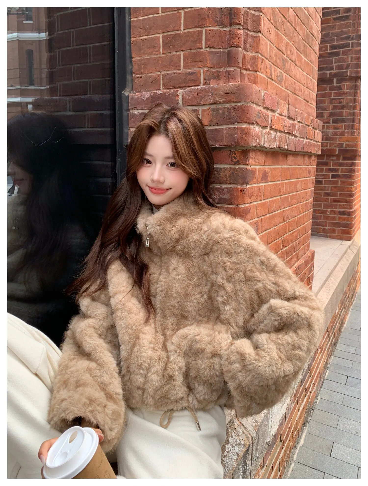 Elegant Maillard Zipper Faux Fur Jacket Women Autumn Winter Stand Collar Cropped Plush Outerwear Woman Korean Loose Warm Jacket