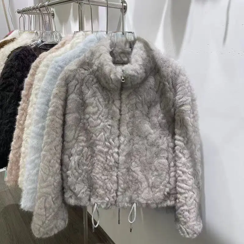 Elegant Maillard Zipper Faux Fur Jacket Women Autumn Winter Stand Collar Cropped Plush Outerwear Woman Korean Loose Warm Jacket