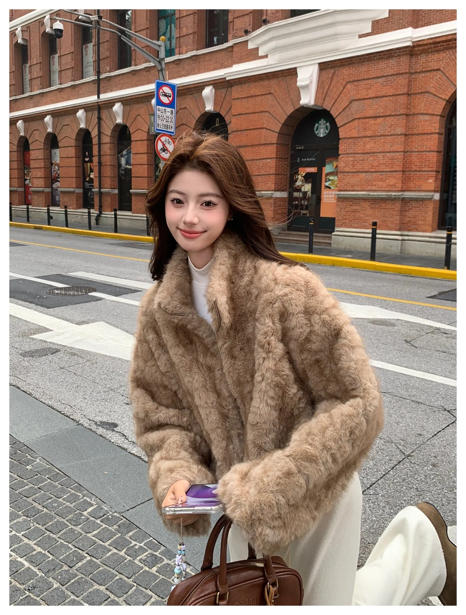 Elegant Maillard Zipper Faux Fur Jacket Women Autumn Winter Stand Collar Cropped Plush Outerwear Woman Korean Loose Warm Jacket