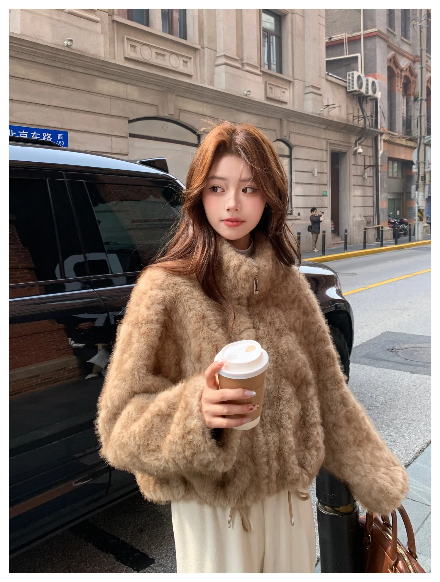 Elegant Maillard Zipper Faux Fur Jacket Women Autumn Winter Stand Collar Cropped Plush Outerwear Woman Korean Loose Warm Jacket