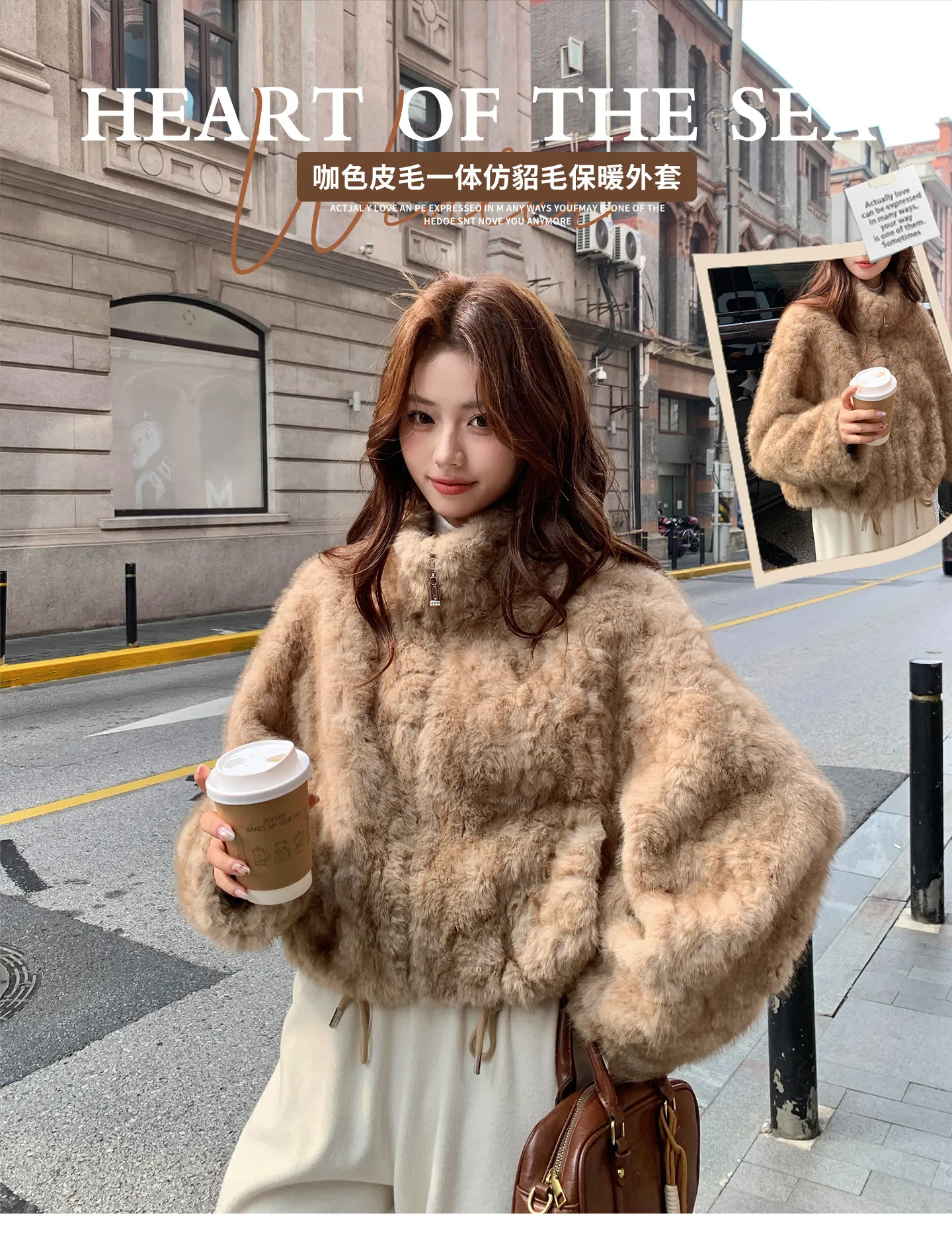 Elegant Maillard Zipper Faux Fur Jacket Women Autumn Winter Stand Collar Cropped Plush Outerwear Woman Korean Loose Warm Jacket