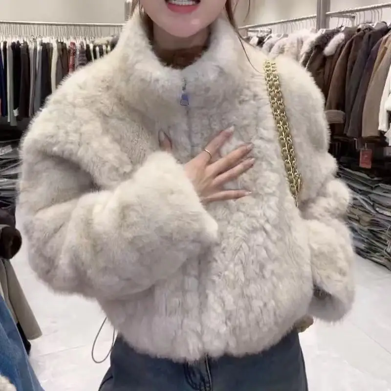 Elegant Maillard Zipper Faux Fur Jacket Women Autumn Winter Stand Collar Cropped Plush Outerwear Woman Korean Loose Warm Jacket
