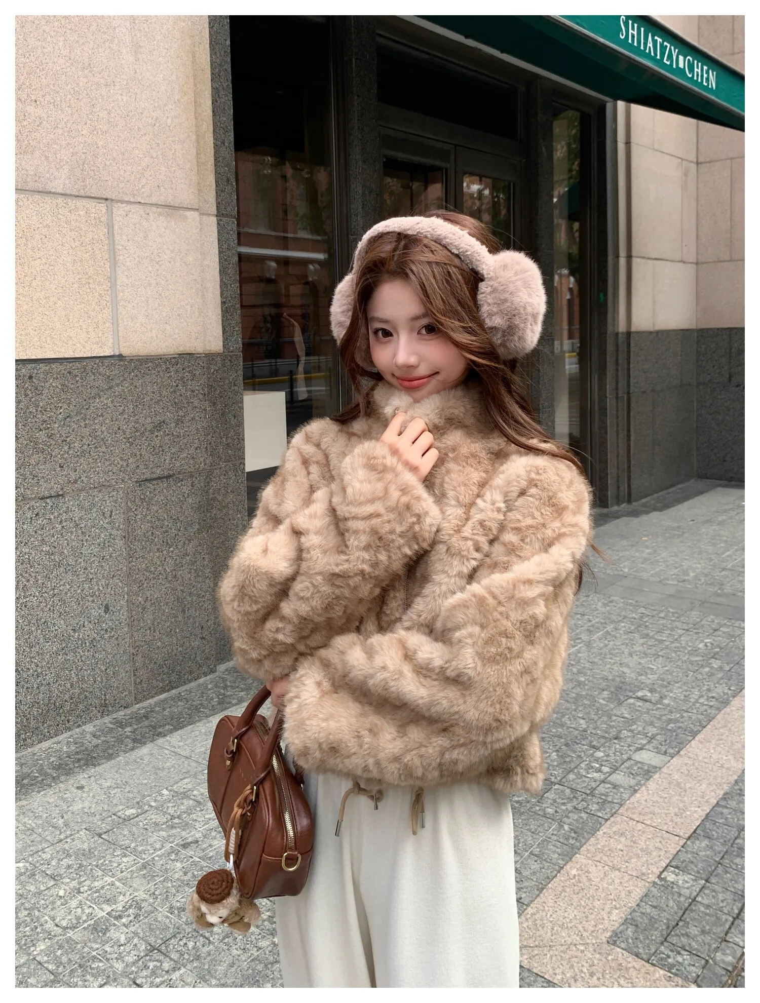 Elegant Maillard Zipper Faux Fur Jacket Women Autumn Winter Stand Collar Cropped Plush Outerwear Woman Korean Loose Warm Jacket