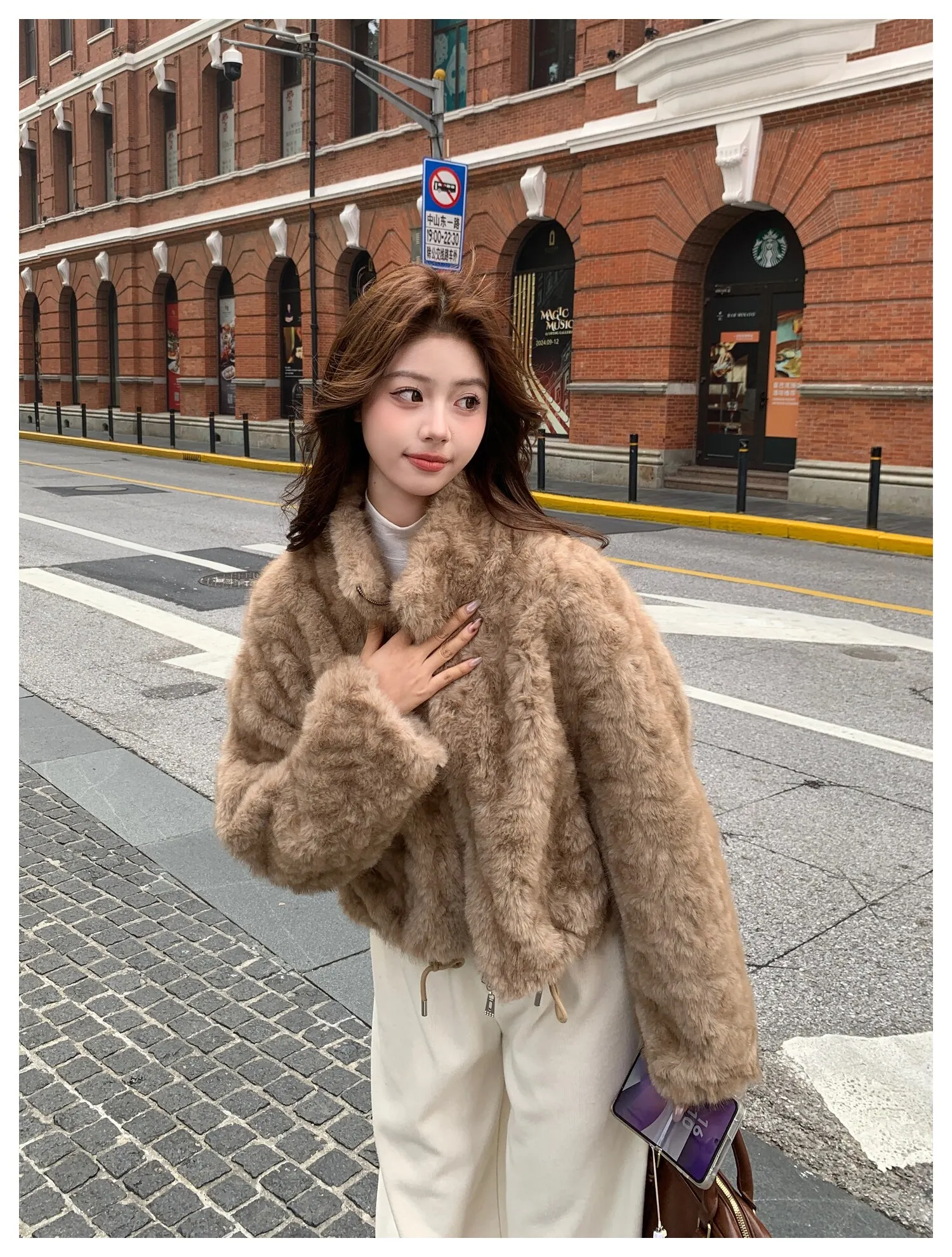 Elegant Maillard Zipper Faux Fur Jacket Women Autumn Winter Stand Collar Cropped Plush Outerwear Woman Korean Loose Warm Jacket