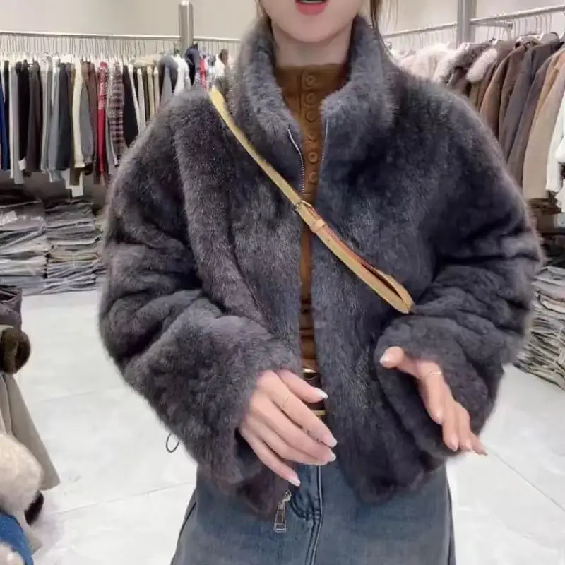 Elegant Maillard Zipper Faux Fur Jacket Women Autumn Winter Stand Collar Cropped Plush Outerwear Woman Korean Loose Warm Jacket