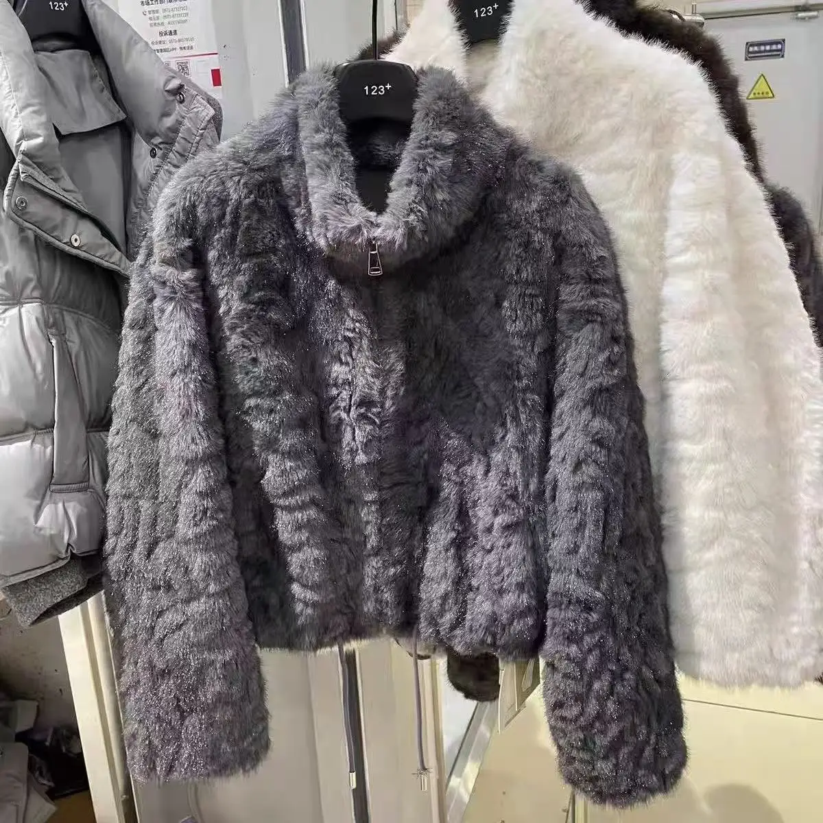 Elegant Maillard Zipper Faux Fur Jacket Women Autumn Winter Stand Collar Cropped Plush Outerwear Woman Korean Loose Warm Jacket