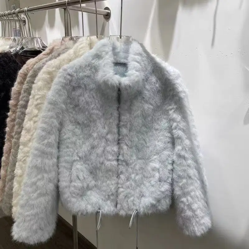 Elegant Maillard Zipper Faux Fur Jacket Women Autumn Winter Stand Collar Cropped Plush Outerwear Woman Korean Loose Warm Jacket