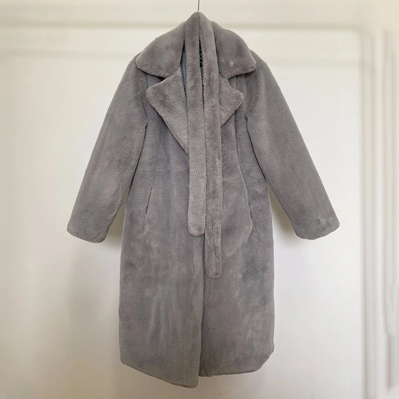 Luxury Winter Long Overcoats Women Oversized Lapel Belted Faux Rabbit Fur Coat Jacket Female Plus Size Outerwear Plush Fur Coats
