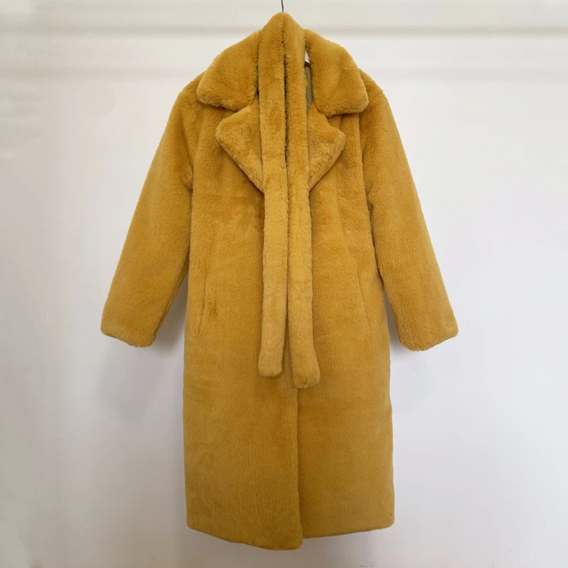 Luxury Winter Long Overcoats Women Oversized Lapel Belted Faux Rabbit Fur Coat Jacket Female Plus Size Outerwear Plush Fur Coats
