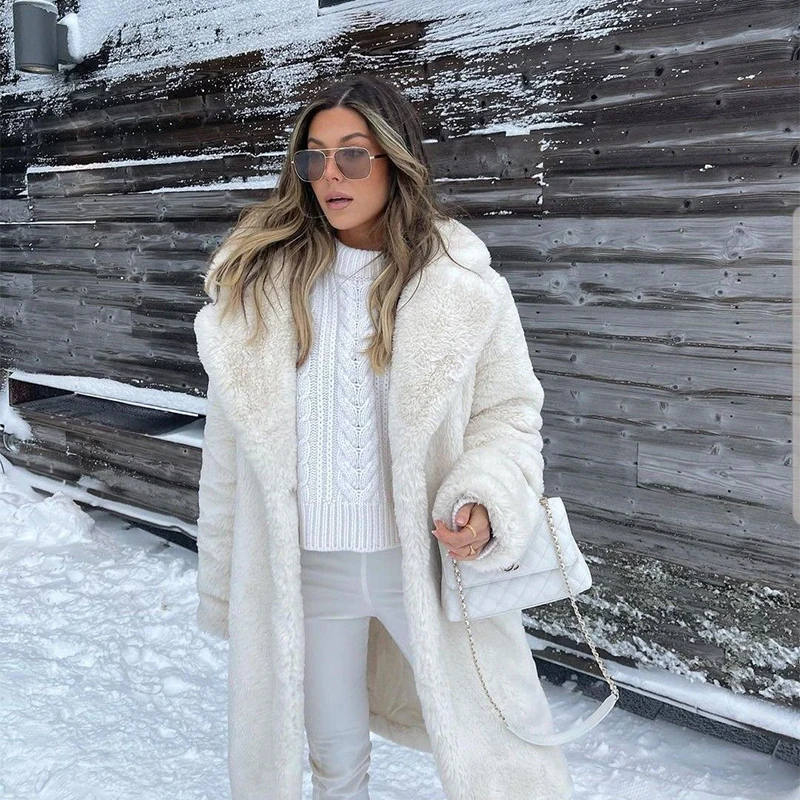 Luxury Winter Long Overcoats Women Oversized Lapel Belted Faux Rabbit Fur Coat Jacket Female Plus Size Outerwear Plush Fur Coats