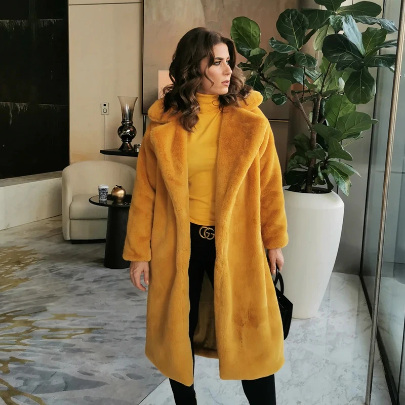 Luxury Winter Long Overcoats Women Oversized Lapel Belted Faux Rabbit Fur Coat Jacket Female Plus Size Outerwear Plush Fur Coats